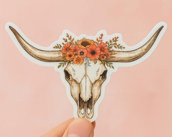 Vinylsticker koeienschedel bloemen, sticker western boho