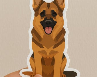 May include: A sticker featuring a sitting German Shepherd dog illustration. The dog has a brown and black coat, with a pink tongue sticking out. The sticker is held by a hand against a neutral background.