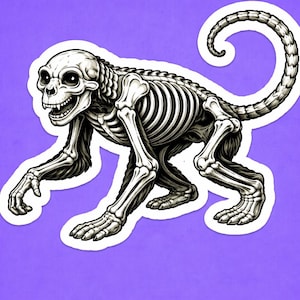 May include: A sticker featuring a black and white illustration of a monkey skeleton. The monkey is depicted in a walking pose with its tail curled. The background is a solid purple color.