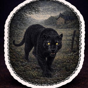 May include: Oval artwork showing a black panther with yellow eyes in a rural setting. The panther is walking towards the viewer. The background includes a house, trees, and a fence. The artwork is framed with a decorative border.