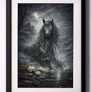 May include: A framed wall art print featuring a dark, long-maned horse with glowing blue eyes standing in a body of water. The scene includes white water lilies in the foreground, a rocky shoreline, and a moonlit, cloudy sky above.