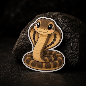Op de afbeelding: Een sticker met een cartoon cobra met een glimlach. De slang is afgebeeld in bruin- en beigetinten, met een patroon op het lichaam en een brede kap. De sticker heeft een witte rand en staat op een donkere, getextureerde achtergrond.
