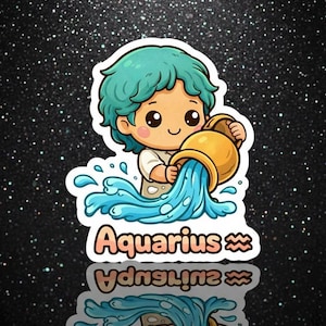 Op de afbeelding: Een sticker met het sterrenbeeld Waterman. De cartoonillustratie toont een personage met turquoise haar dat water uit een gouden kruik giet. Het woord "Waterman" is in een roze lettertype geschreven, met het sterrenbeeld eronder.