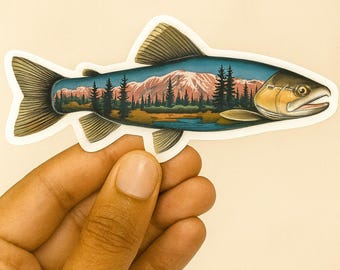 Mountain Landscape Trout Die-Cut Sticker | Nature & Fly Fishing Decal
