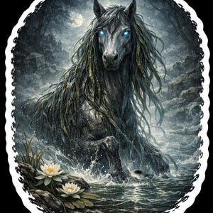 May include: A digital art print of a dark horse emerging from water, with glowing blue eyes and long, flowing mane. The horse is surrounded by a misty, moonlit landscape, with white water lilies in the foreground. The image has a fantasy theme.