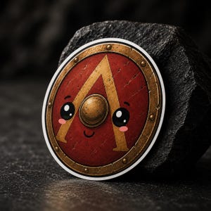 May include: A circular sticker featuring a red shield with a gold Greek letter Lambda, a central gold boss, and a weathered metallic border. The shield has a cartoon face with large black eyes, pink cheeks, and a small smile, set against a dark rock.