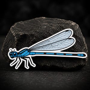 Puede incluir: Una pegatina troquelada que muestra una libélula de dibujos animados con un cuerpo azul brillante, marcas negras segmentadas y grandes alas translúcidas con venas detalladas. La libélula tiene una cabeza redondeada con dos grandes ojos azul oscuro.