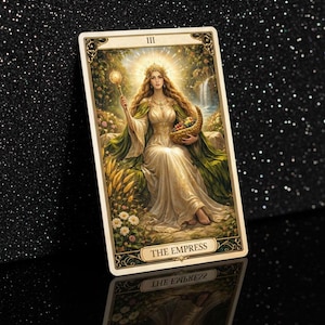 May include: The Empress tarot card featuring a woman in a flowing gown, holding a scepter and a basket of fruit. The card has a gold border and the text "THE EMPRESS". The background includes a waterfall and lush greenery.