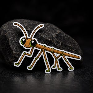 May include: A cartoon sticker of a brown stick insect with large green eyes, thin antennae, and segmented limbs with green joints. The insect has a simple smiling face and is outlined in white, featuring a slender body and six legs.