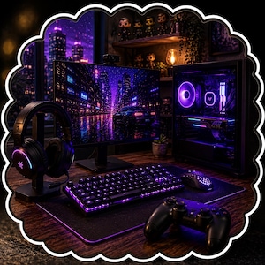 Peut inclure: Une configuration de jeu comprenant un écran d'ordinateur affichant une rue urbaine violette, une tour PC avec éclairage interne violet, un clavier mécanique rétroéclairé, une souris, une manette et un casque sur un support.