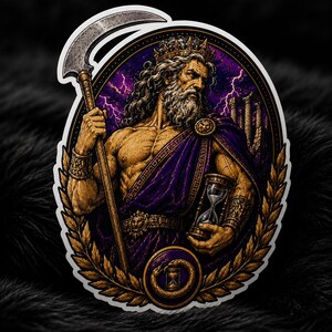 May include: A die-cut sticker featuring a bearded, muscular figure wearing a crown and purple robes, holding a scythe and an hourglass. The background shows purple lightning and stone pillars, framed by a golden laurel wreath and an ouroboros emblem.