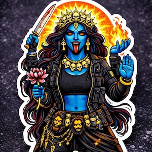 May include: A sticker depicting a blue-skinned deity with a crown of skulls, holding a bloody knife and a lotus flower. The deity wears a black jacket and skull jewellery, with flames and a sunburst in the background.