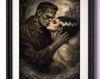 Lámina artística de edición limitada: Frankenstein, la novia, arte gótico de terror, obra de arte de pareja de monstruos de romance oscuro.