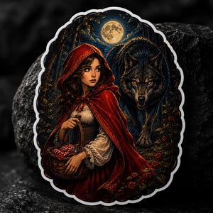 May include: A die-cut sticker featuring a person in a red hooded cloak holding a woven basket, standing in a dark forest at night under a full moon. A large, dark wolf with glowing eyes approaches from behind. The scene is detailed with red flowers.