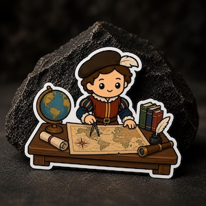May include: A die-cut sticker featuring a cartoon explorer in a brown cap and doublet, working at a wooden desk with a world map, a globe, a compass, a telescope, a quill in an inkwell, and a stack of three books, all rendered in a flat style.