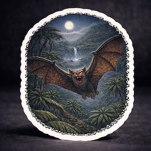 May include: Oval-shaped illustration of a bat with outstretched wings, flying over a jungle scene. The bat has glowing orange eyes and an open mouth. The background features a waterfall, palm trees, and a full moon. The border is white with a black decorative edge.