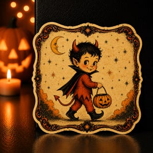Puede incluir: Una pegatina cuadrada con bordes redondeados y ornamentados que presenta una ilustración de estilo vintage de un niño disfrazado de diablo rojo con cuernos, capa y cola, llevando un pequeño cubo de calabaza bajo una luna creciente y estrellas.