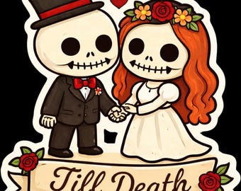 Chibi Till Death Redhead Bride Skeleton Sticker, Gothic Wedding