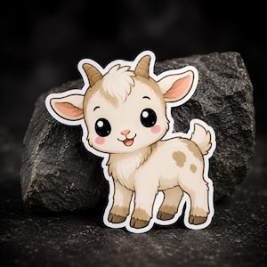 Op de afbeelding: Een gestanste sticker met een cartoon babygeitje met crèmekleurige vacht, bruine vlekken, kleine hoorntjes en grote zwarte ogen. Het geitje heeft een pluizige haarlok op het hoofd, roze wangen en een kleine glimlach, omlijnd door een witte rand.