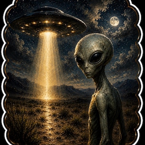 May include: A sticker featuring a gray extraterrestrial being with large black eyes standing in a desert landscape at night. Above, a metallic UFO emits a bright golden beam of light toward the ground under a starry sky with a full moon.