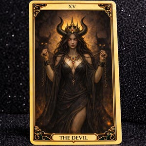 Pode incluir: Uma carta de tarot com uma figura com chifres e uma coroa, segurando correntes. A carta tem uma moldura dourada com o texto "THE DEVIL" na parte inferior e "XV" na parte superior. A figura usa um vestido escuro e joias.