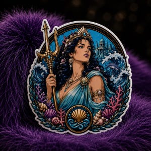 May include: A circular sticker featuring a dark-haired figure wearing a shell crown and blue draped clothing, holding a gold trident. The scene includes a blue ocean, a dolphin, coral, seashells, and an underwater palace, all framed by a decorative border.