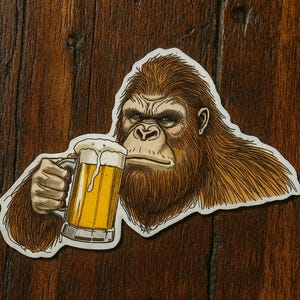 May include: A sticker featuring a brown gorilla holding a beer mug filled with yellow beer and white foam. The gorilla has a serious expression. The background is a dark brown wood grain.