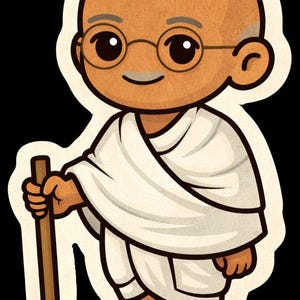 May include: Cartoon illustration of a bald figure wearing round glasses and a white garment, holding a brown walking stick. The figure has a light brown skin tone and is smiling. The background is black.