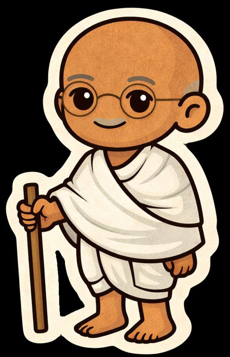 May include: Cartoon illustration of a bald figure wearing round glasses and a white garment, holding a brown walking stick. The figure has a light brown skin tone and is smiling. The background is black.