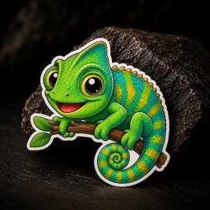 Peut inclure: Un autocollant vibrant représentant un caméléon de dessin animé. Le caméléon est principalement vert avec des rayures jaunes et de grands yeux expressifs. Il est perché sur une branche marron avec des feuilles vertes, sur fond sombre.
