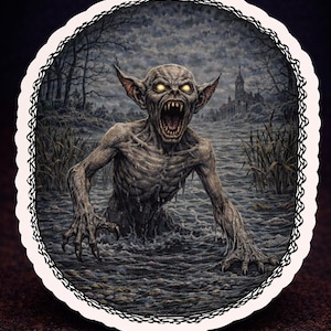 May include: A detailed illustration of a creature emerging from dark water. The creature has glowing yellow eyes, sharp teeth, and large ears. The background shows a dark, ominous landscape with a building in the distance, all within a decorative oval frame.
