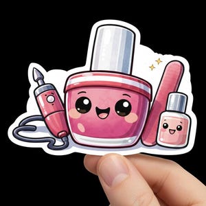 Puede incluir: Una pegatina con una ilustración de dibujos animados de herramientas para el cuidado de las uñas. El diseño incluye un frasco de esmalte de uñas rosa, un frasco pequeño de esmalte transparente, una lima de uñas y un taladro de uñas rosa. Todos los artículos tienen caras sonrientes.
