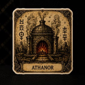 May include: A square sticker featuring a detailed black ink illustration on a beige background. The image depicts an alchemical furnace with a bright orange fire inside, emitting smoke. The word ATHANOR is printed in black at the bottom.