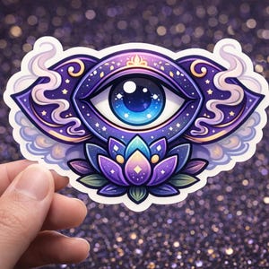 May include: A sticker depicting a stylized eye with a blue iris, framed by purple and gold elements. A lotus flower is at the base, with swirling cloud shapes. The sticker is held against a glittery purple background. Measurements are not applicable.