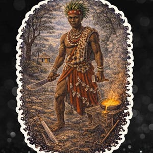 Può includere: Adesivo ovale con un'illustrazione dettagliata di un uomo in abiti tradizionali, con un machete e uno strumento. È in piedi vicino a un'incudine con metallo fuso. Lo sfondo raffigura una scena di foresta con una piccola capanna.