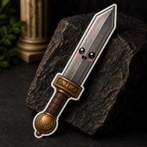 May include: A die-cut sticker featuring a cartoon sword with a metallic grey blade, a brown handle, and a gold pommel and crossguard. The sword has a smiling face with large black eyes and pink cheeks. The crossguard displays a small eagle emblem.
