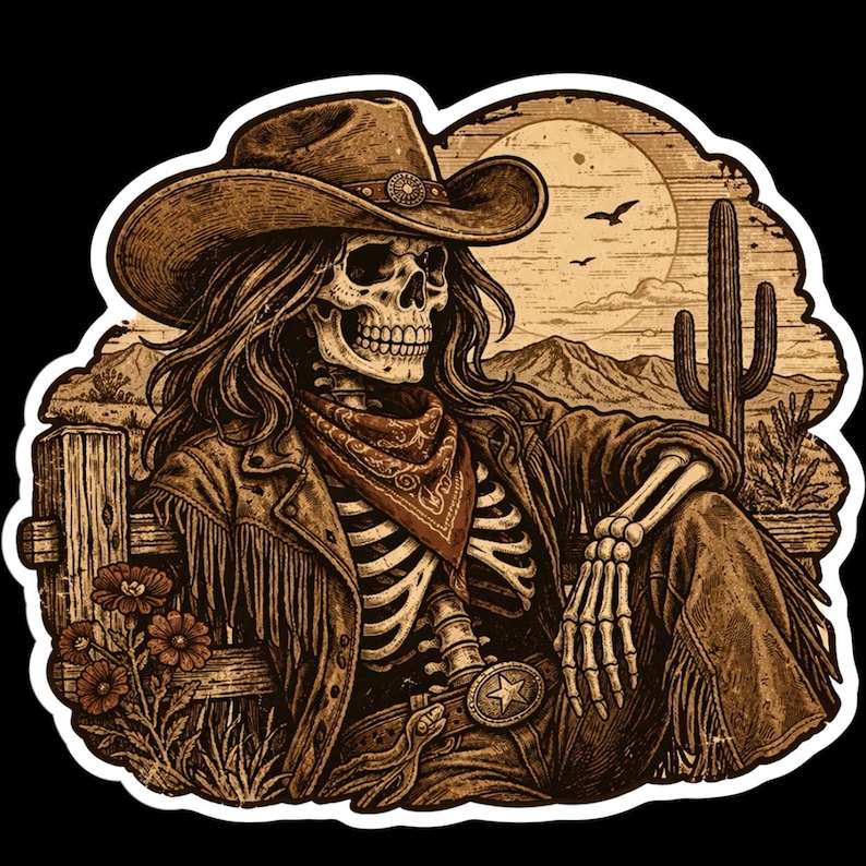 May include: A sepia-toned illustration of a skeleton cowboy wearing a hat, bandana, and fringed jacket, seated against a rustic fence. The background features a desert landscape with a cactus, mountains, and a full moon.