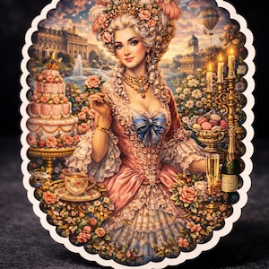 May include: A decorative sticker featuring a woman in a pink and blue Rococo-style dress, holding a rose. The image includes a tiered cake, champagne, and a teacup, set against a garden and palace backdrop.