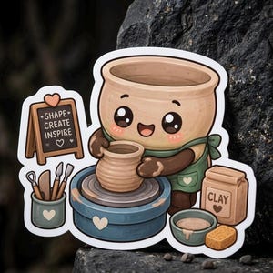 May include: A sticker featuring a cartoon pottery character with a beige body and green apron shaping a small clay pot on a blue wheel. Beside it are a sign reading SHAPE CREATE INSPIRE, a cup of tools, a bag labeled CLAY, a bowl, and a sponge.
