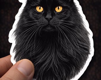 長毛黒猫ダイカットステッカー、魔女猫ビニール
