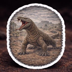 May include: A detailed illustration of a Komodo dragon with its mouth open, revealing its tongue and teeth. The artwork is set within a white, scalloped-edge circle, depicting a desert landscape with a cloudy sky.