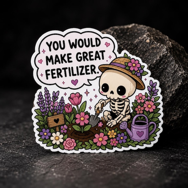 Witziger Garten-Skelett-Aufkleber | Ideal als Düngemittel-Aufkleber | Geschenk für Pflanzenliebhaber mit schwarzem Humor | Wasserfester Vinyl-Aufkleber im Gothic-Garten-Stil