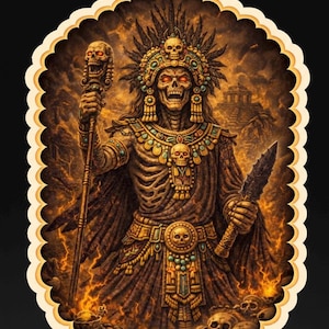 May include: An illustration of a skeletal figure adorned in ornate gold and turquoise jewelry, holding a staff and a blade. The figure wears a feathered headdress and stands before a temple, with skulls at its feet. The artwork has a dark, fiery color scheme.