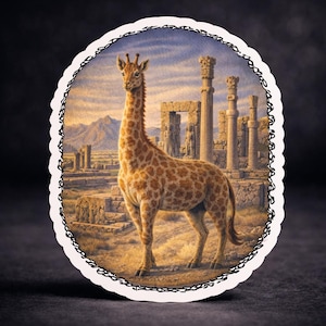 May include: An oval-shaped sticker featuring a giraffe standing in front of ancient ruins. The giraffe has a long neck and a spotted pattern. The background shows stone columns, arches, and mountains under a blue sky. The sticker has a white border with a black decorative edge.