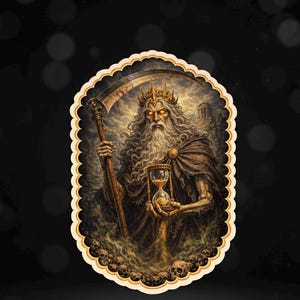 May include: An oval sticker featuring an illustration of a regal figure with a long white beard, a crown, and a dark cloak. The figure holds a scythe and an hourglass, surrounded by skulls and a blurred background.
