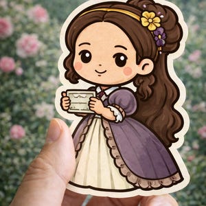 May include: A sticker depicting a cartoon girl in a purple dress, holding a small card. The girl has brown hair adorned with a yellow flower and purple accents. The dress features a cream skirt and a scalloped trim.