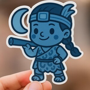 May include: A blue sticker depicting a cartoon character in tribal attire, holding a horn. The character has a headband, a plait, and a patterned tunic. The sticker has a white border and is held by a hand.