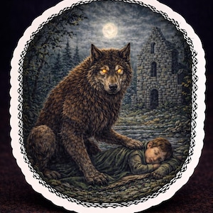 May include: An illustrated image shows a wolf with glowing eyes, interacting with a sleeping child. The scene is set in a forest with a full moon and a stone building in the background. The artwork is framed with a decorative border.