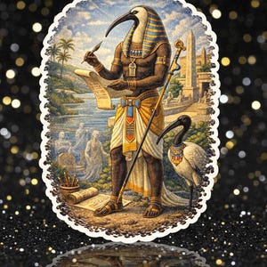 Pegatina troquelada del dios egipcio Thoth, deidad con cabeza de ibis, símbolo de sabiduría, escritura y magia.