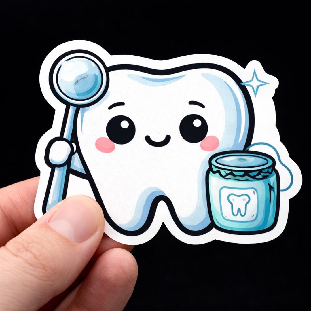 Chibi Tooth Sticker | Smiling Dental Character, Mirror, Toothpaste